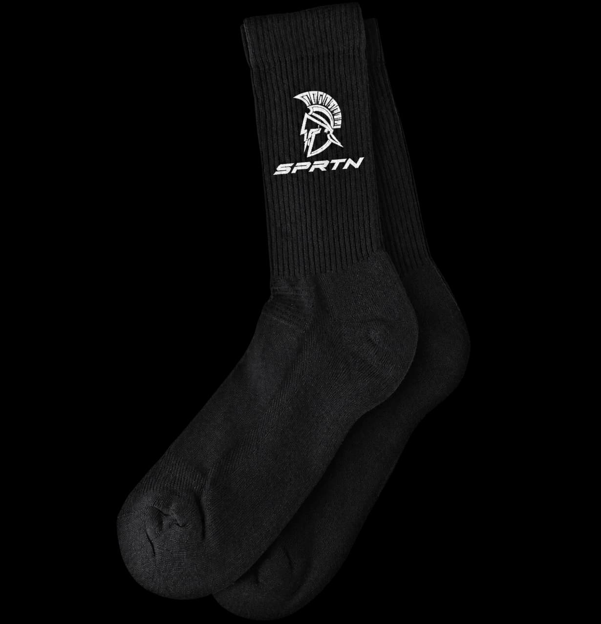 A pair of black SPRTN crew socks.