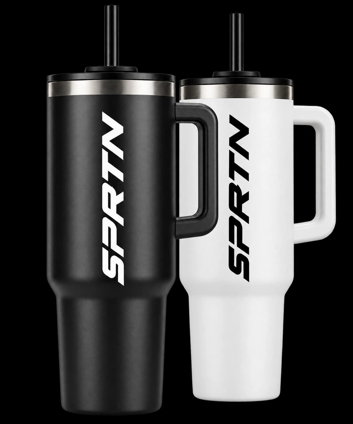 Two SPRTN insulated tumblers with straws and handles, one black and one white.