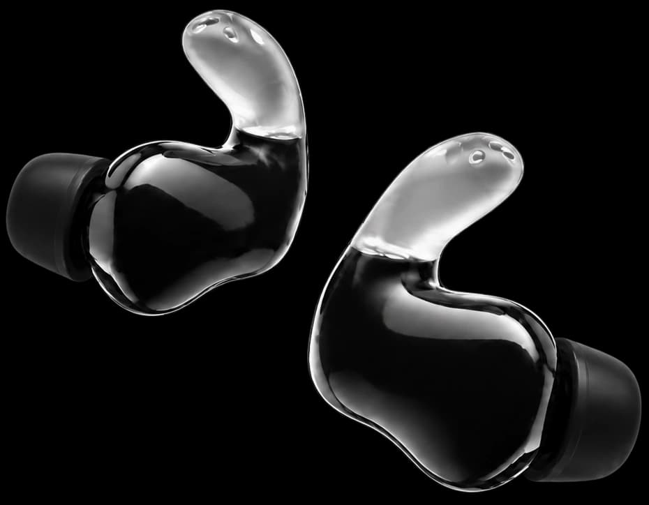 A pair of SPRTN Swims earbuds with their charging case.